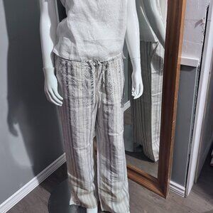 London Jean Linen Stripe Pants Size Medium Tie Waist Pocket